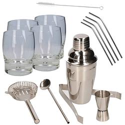 Foto van Cocktailshaker set rvs 5-delig inclusief 4x cocktailglazen 350 ml met 4x rvs rietjes - cocktailshakers