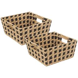 Foto van Gevlochten rieten opbergmand - 2x - beige/zwart 31 x 31 x 15 cm - opbergmanden