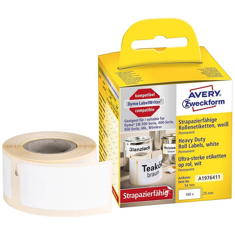 Foto van Avery-zweckform rol met etiketten 25 x 54 mm folie wit 160 stuk(s) permanent a1976411 universele etiketten