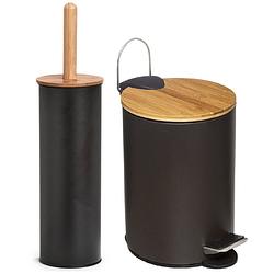 Foto van Badkamer/toilet set - wc-borstel en pedaalemmer - metaal/ bamboe hout - zwart - toiletborstels
