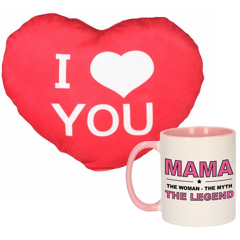 Foto van Mama the legend mok/beker 300 ml roze incl. sierkussentje hart vorm 15 cm - feest mokken