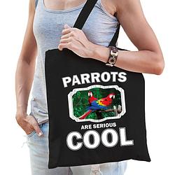 Foto van Katoenen tasje parrots are serious cool zwart - papegaaien/ papegaai cadeau tas - feest boodschappentassen