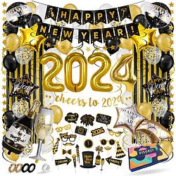 Foto van Fissaly® happy new year 2022 versiering pakket - oudjaar & nieuwjaar pakket - ballonnen - zwart, goud & wit