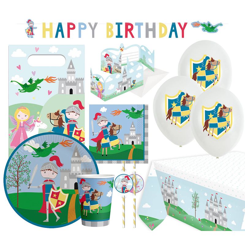 Foto van Amscan feestset knight junior papier wit/groen/blauw 64-delig