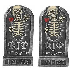Foto van Set van 2x stuks horror kerkhof decoratie grafsteen rip skelet met roos 32 x 65 cm - feestdecoratievoorwerp