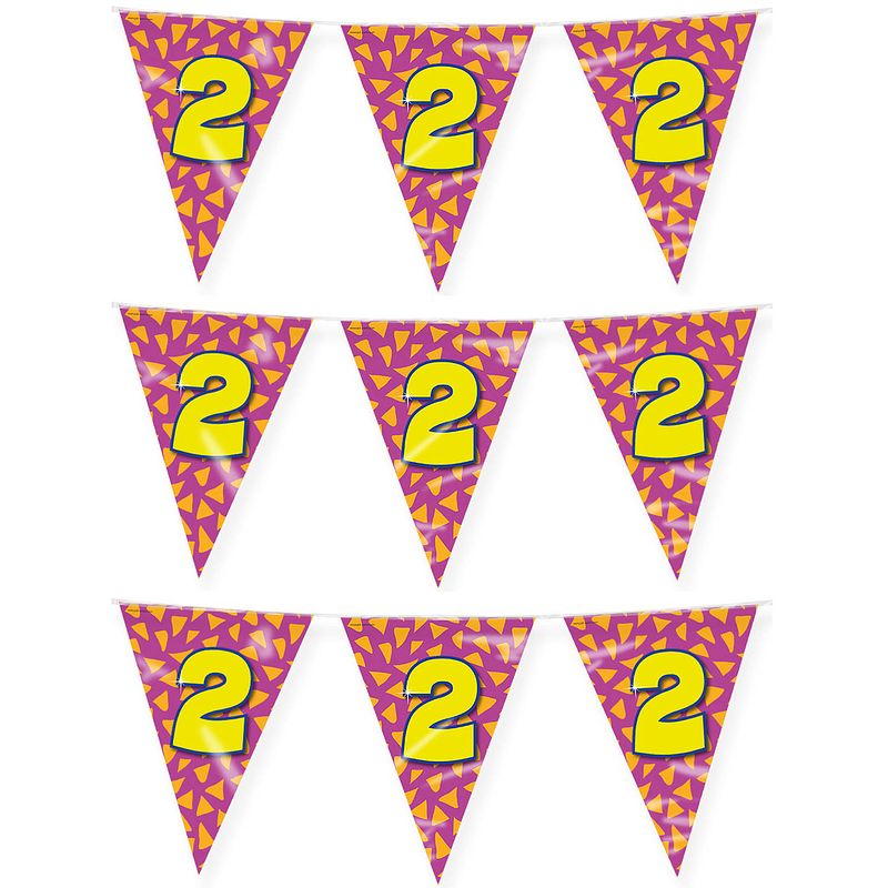 Foto van Paperdreams verjaardag 2 jaar thema vlaggetjes - 3x - feestversiering - 10m - folie - dubbelzijdig - vlaggenlijnen