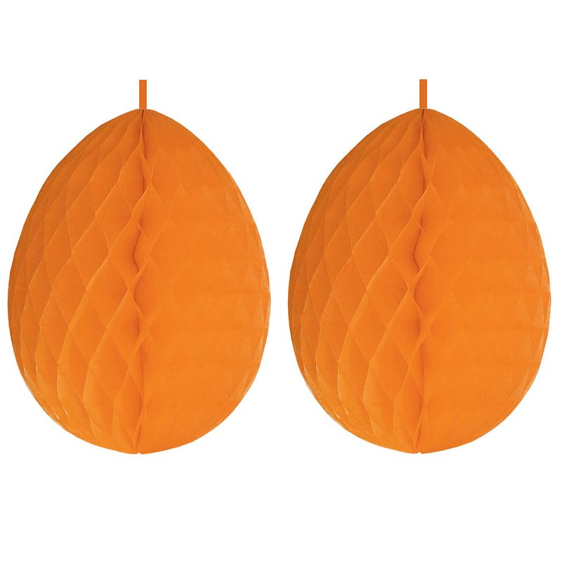 Foto van 3x stuks hangdecoratie honeycomb paaseieren oranje van papier 30 cm - feestdecoratievoorwerp