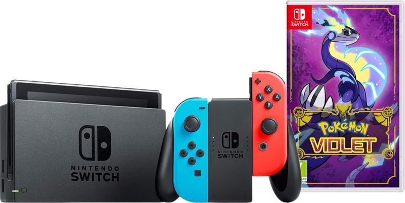 Foto van Nintendo switch rood/blauw + pokémon violet