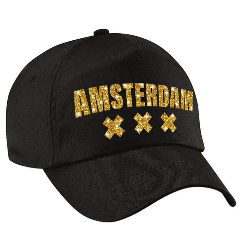 Foto van Amsterdam pet / cap zwart met gouden letters voor dames en heren - verkleedhoofddeksels