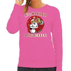 Foto van Bellatio decorations foute kersttrui/sweater dames - kerstman - roze - niks ho ho ho doordrinken xs - kerst truien