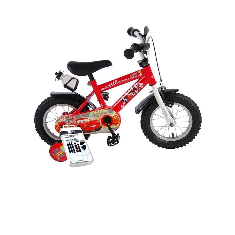 Foto van Volare kinderfiets disney cars - 12 inch - doortrapper - met bidonhouder - inclusief ways bandenplakset