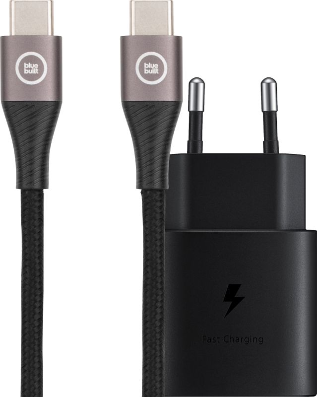 Foto van Samsung super fast charging oplader 25w + bluebuilt usb c naar usb c kabel 1,5m nylon