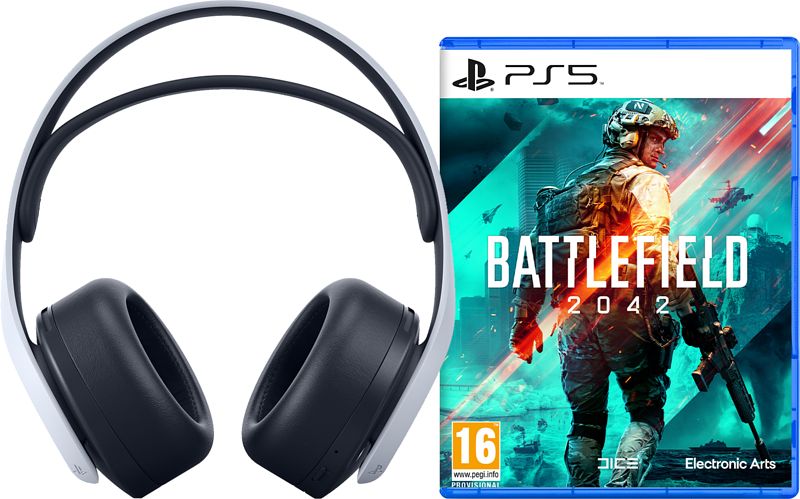 Foto van Battlefield 2042 ps5 versie met sony pulse 3d headset wit