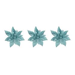 Foto van 3x stuks decoratie bloemen kerstster ijsblauw glitter op clip 15 cm - kersthangers