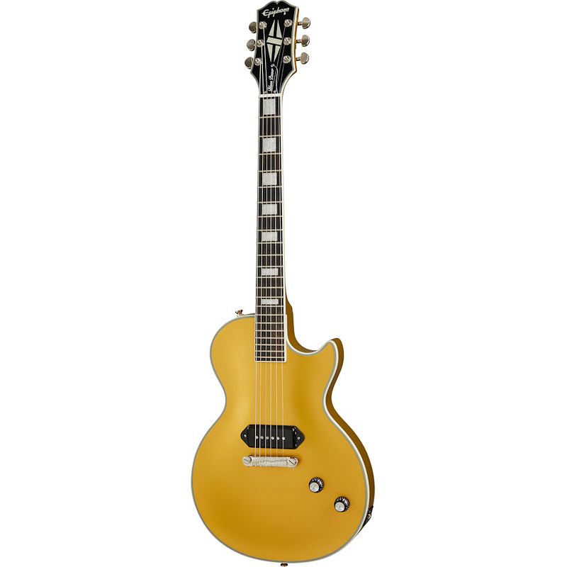 Foto van Epiphone jared james nichols gold glory les paul custom double gold vintage aged gloss elektrische gitaar met epilite case