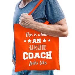 Foto van Bellatio decorations cadeau tas coach - katoen - oranje - this is what an awesome coach looks like - feest boodschappent