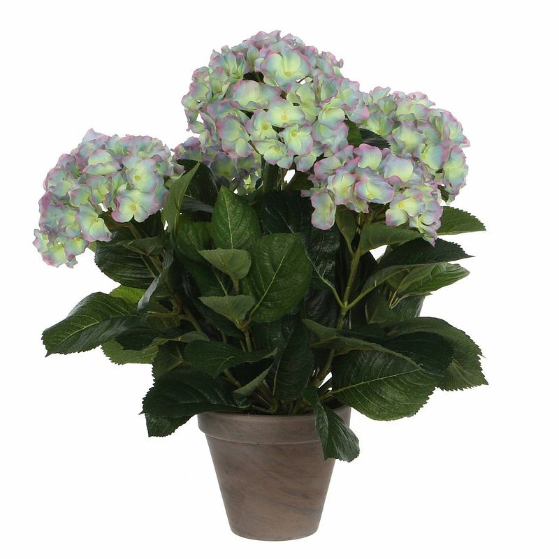 Foto van Groene/paarse hortensia met paarse bloemen kunstplant 45 cm in pot - kunstplanten/nepplanten