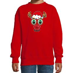 Foto van Bellatio decorations kersttrui/sweater voor kinderen - rudolf gezicht - rendier - rood 9-11 jaar (134/146) - kerst truie