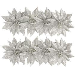 Foto van Kerstboom bloemen op clip 8x stuks zilver glitter 9.5 cm - kersthangers