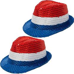 Foto van 2x stuks nederlandse vlag gleufhoeden/hoedjes met pailletten - rood/wit/blauw - verkleedhoofddeksels