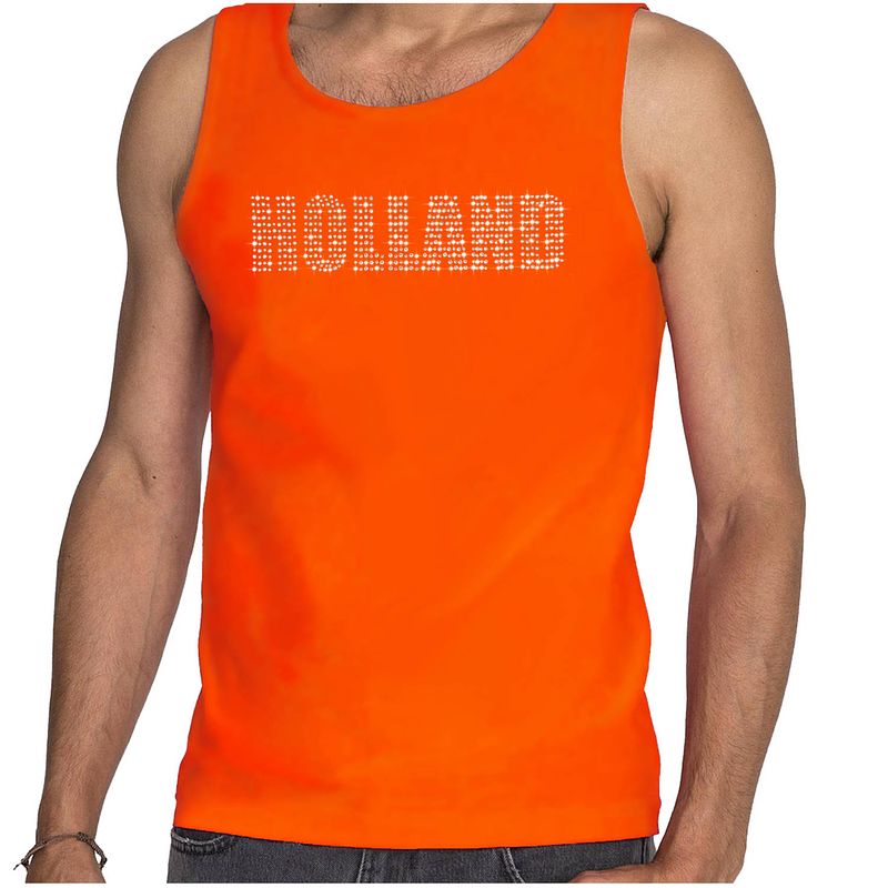 Foto van Glitter holland tanktop oranje rhinestone steentjes voor heren nederland supporter ek/ wk xl - feestshirts