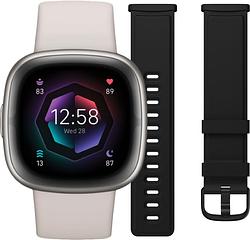 Foto van Fitbit sense 2 wit/zilver + leren bandje zwart l