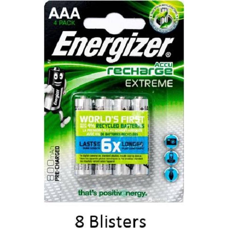 Foto van 32 stuks (8 blisters a 4 stuks) energizer extreme aaa oplaadbaar 800 mah