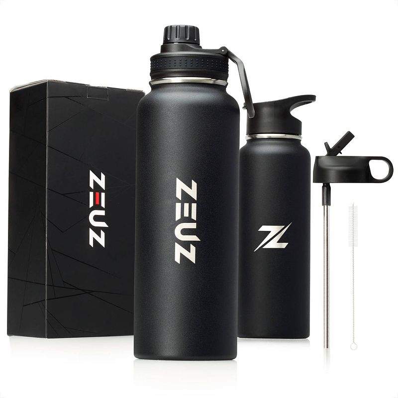 Foto van Zeuz® premium rvs thermosfles & drinkfles - waterfles met rietje - isoleerfles- 1200 ml/ 1, 2 liter- mat zwart