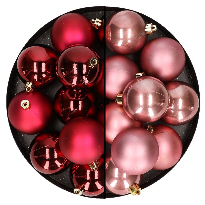 Foto van 24x stuks kunststof kerstballen mix van donkerrood en oudroze 6 cm - kerstbal