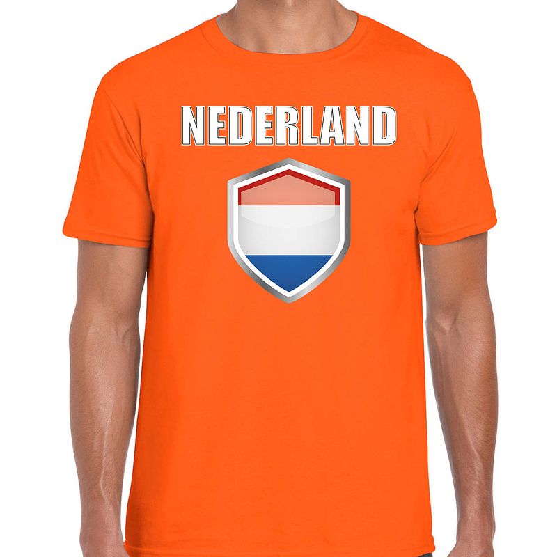 Foto van Schild holland / nederland supporter shirt / kleding met hollands schild oranje voor heren s - feestshirts