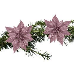 Foto van 2x stuks kerstboom decoratie bloemen roze glitter op clip 18 cm - kunstbloemen