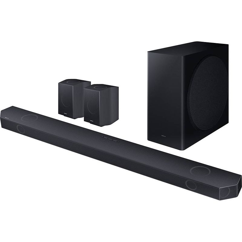 Foto van Samsung q-soundbar hw-q935gc surroundsysteem zwart bluetooth, dolby atmos, incl. draadloze subwoofer, spraakbesturing, wifi, wandbevestiging