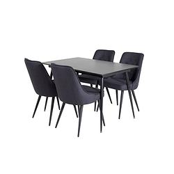 Foto van Silarblext eethoek eetkamertafel uitschuifbare tafel lengte cm 120 / 160 zwart en 4 velvet deluxe eetkamerstal zwart.