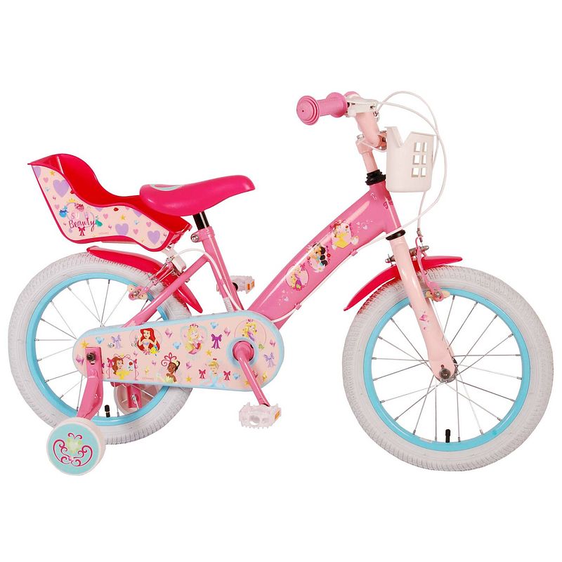 Foto van Disney princess kinderfiets - meisjes - 16 inch - roze - twee handremmen - met mandje voor en poppenzitje achter