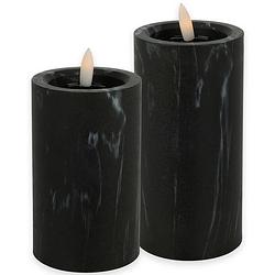 Foto van Led kaarsen/stompkaarsen - set 2x - zwart marmer look - h12,5 en h15 cm - timer - warm wit - led kaarsen