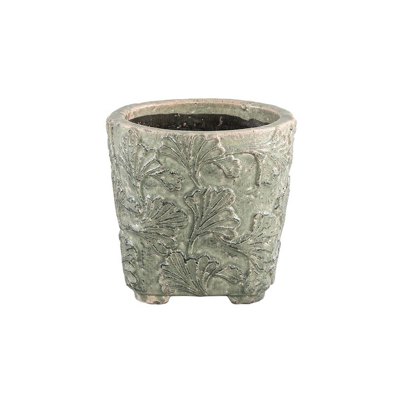 Foto van Ptmd serino grey ceramic pot leaves pattern round low m