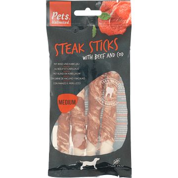 Foto van Pets unlimited steak sticks medium beef 90 gram bij jumbo