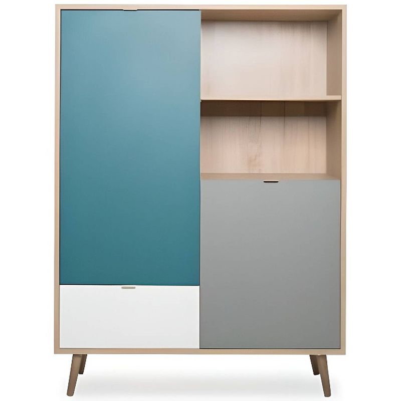 Foto van Hoog dressoir - sonoma eiken, wit, grijs en blauw - scandinavische stijl - cuba - l 103 x d 40 x h 139 cm