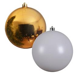 Foto van 2x stuks grote kerstballen van 20 cm glans van kunststof goud en wit - kerstbal