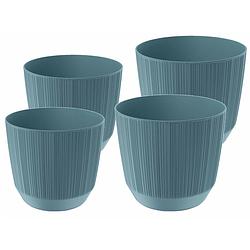 Foto van Prosperplast plantenpotten/bloempotten carf stripe - blauw - 4x stuks - kunststof - dia 13 en 17 cm - plantenpotten