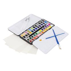 Foto van Ecd germany aquarelset 48 kleuren in draagbare doos, 3 penselen, 1 potlood 2b, 2 aquarelpotloden, 4 aquarelpapieren