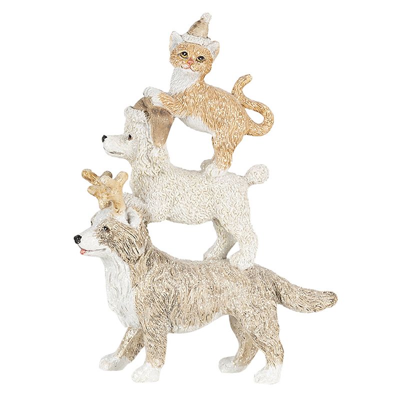 Foto van Clayre & eef kerstdecoratie beeld honden en kat 12*4*17 cm grijs beige wit kunststof decoratief figuur decoratieve