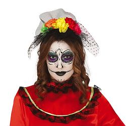 Foto van Halloween thema diadeem met bloemen en sluier - one size - zwart/kleuren - meisjes/dames - verkleedhoofddeksels