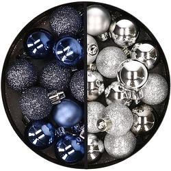 Foto van 34x stuks kunststof kerstballen donkerblauw en zilver 3 cm - kerstbal