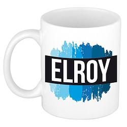 Foto van Naam cadeau mok / beker elroy met blauwe verfstrepen 300 ml - naam mokken