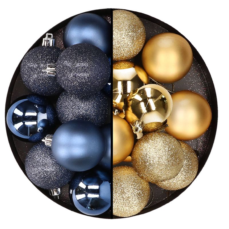 Foto van 24x stuks kunststof kerstballen mix van donkerblauw en goud 6 cm - kerstbal