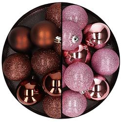 Foto van 24x stuks kunststof kerstballen mix van donkerbruin en roze 6 cm - kerstbal