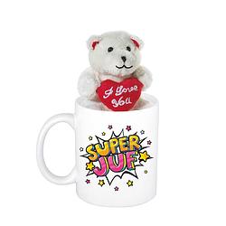 Foto van Juffendag cadeau super juf pop art beker / mok 300 ml met beige knuffelbeertje met love hartje - feest mokken