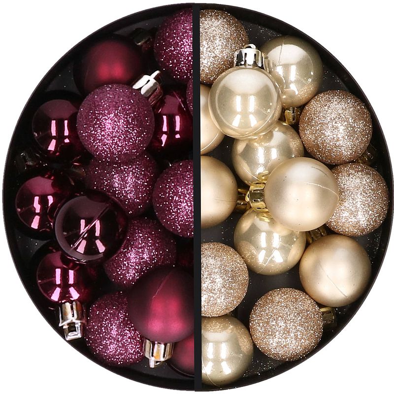 Foto van 34x stuks kunststof kerstballen aubergine paars en champagne 3 cm - kerstbal