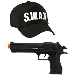 Foto van Politie swat verkleed cap/pet zwart met pistool voor volwassenen - verkleedhoofddeksels